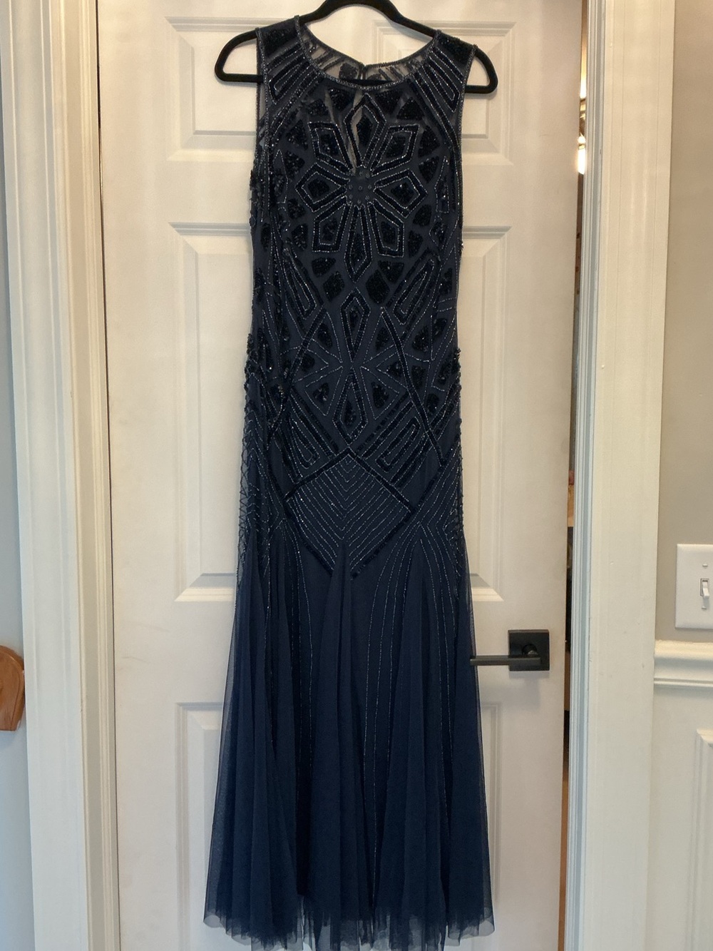 Pisarro Nights Navy Beaded Sleeveless Maxi Gown